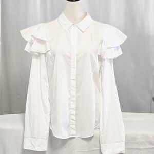 2/$30 BP Womens White Button Down Shirt with‎ Ruffle Detail Size L Peplum